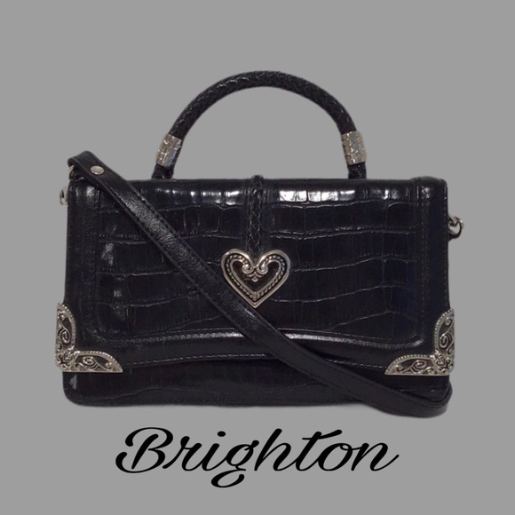 Vtg. BRIGHTON Shoulder Bag, Croc-Embossed Leather, Silver-Tone Accents, Black - Picture 1 of 11